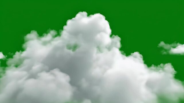 Fluffy white clouds drift across a vibrant green screen background, creating a dynamic and visually appealing scene.