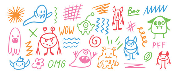 Funny outline monster characters. Scribble drawn character elements for notebook. Crayon handwritten doodles. © Nastya