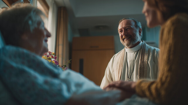 chaplain providing spiritual support to elderly patient with family in hospital room