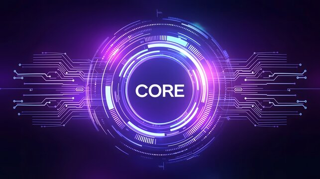 Core text inside a glowing purple and blue futuristic circular interface with digital circuitry for server and cloud computing background visuals