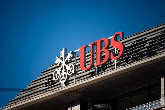Zurich, Switzerland, April 25, 2026. The red UBS bank logo and keys symbol on a building rooftop
