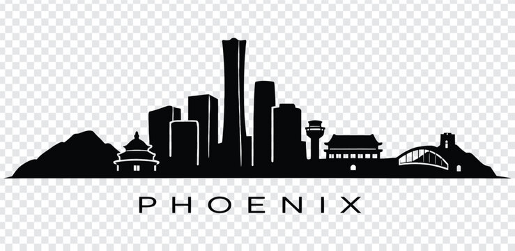 Black silhouette of phoenix city skyline with various buildings and landmarks