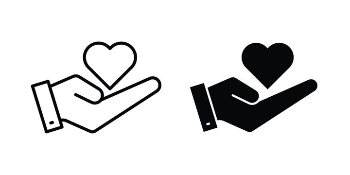 Heart in hand icon with line stroke and black silhouette style