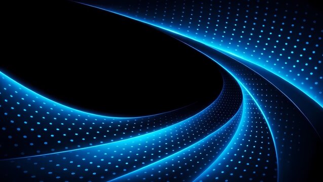 Futuristic digital background featuring flowing curves of blue neon light and glowing dot patterns, representing high-speed data and connectivity.