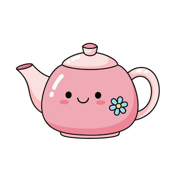 Cute Pink Kawaii Teapot With Flower, Cartoon Character