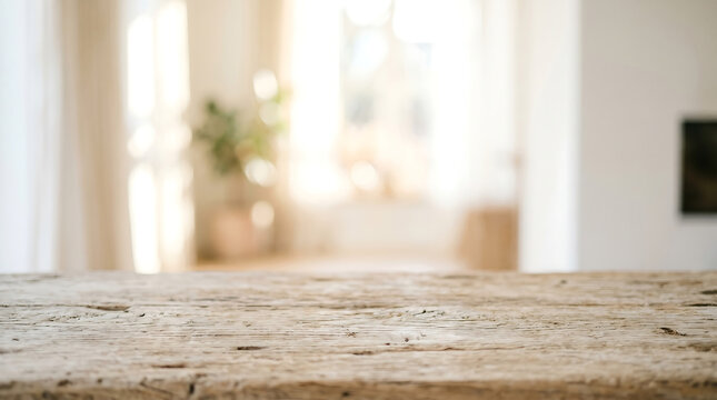 Rustic Wooden Table Top in Blurred Sunny Home Interior Background for Domestic Lifestyle Product Mockup