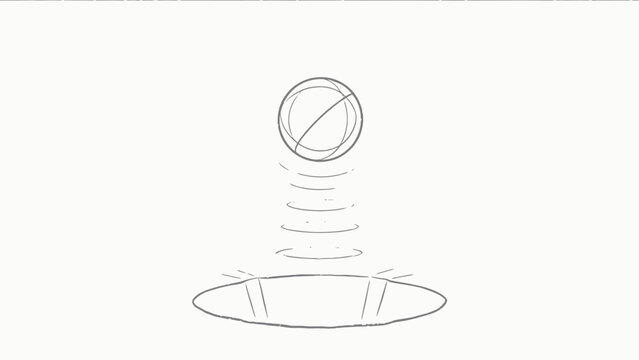 Minimalist monochrome line art illustration of a bouncing spherical ball, with curved vertical motion trail lines and impact deformation marks on flat ground