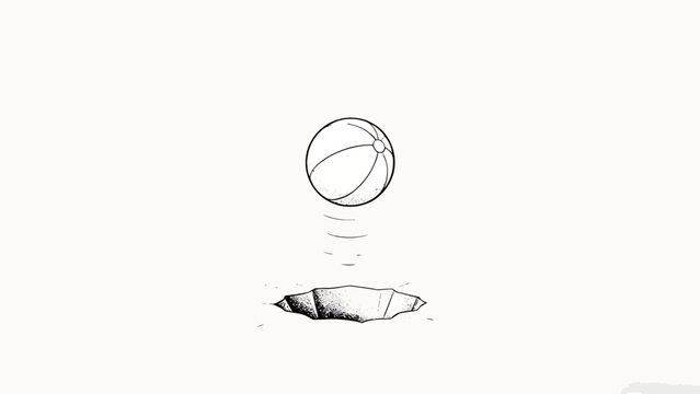Minimalist monochrome pen and ink illustration of a striped beach ball bouncing upward out of a jagged torn hole on plain off-white paper