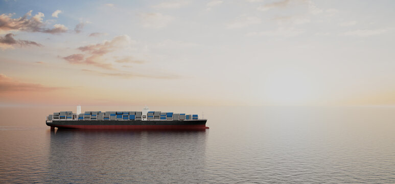 Container ship on ocean at sunset, global shipping and logistics