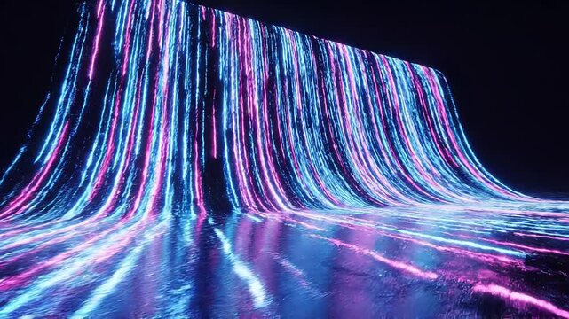 Abstract visualization of glowing pink and blue digital data streams cascading from a wall onto a reflective surface, depicting AI network processing and future technology