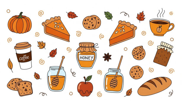 Autumn doodle food set pumpkin pie cider coffee cookies bread caramel apple vector illustration