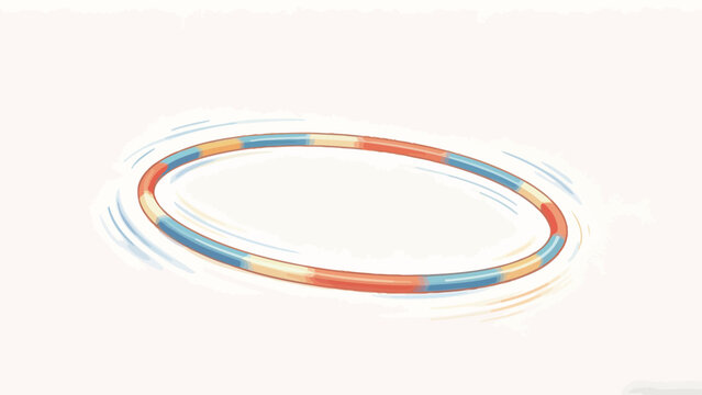 Soft hand-drawn illustration of a rotating multicolored striped hula hoop with subtle motion blur lines on a clean pale off-white background, conveying gentle playful dynamic movement