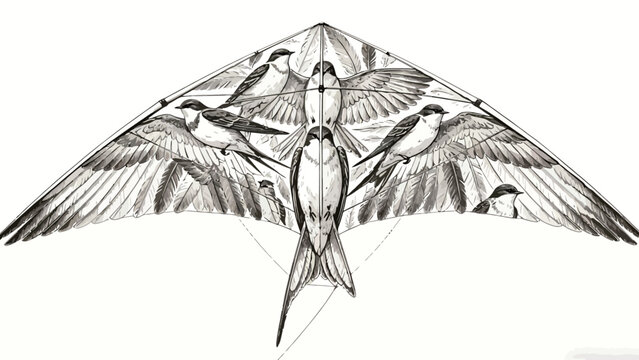 Surreal Monochrome Pencil Illustration: Symmetrical Delta Kite Formed From Multiple Swallows And Feathers, Surrealist Nature Fusion Artwork