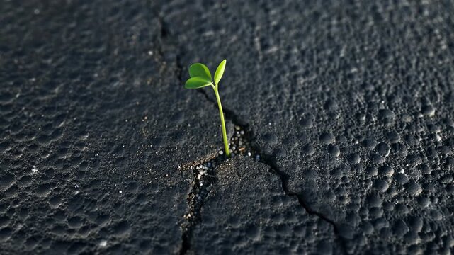 Small green plant sprout growing through a crack in black asphalt. Concept of resilience and nature's strength in an urban environment. New life beginning