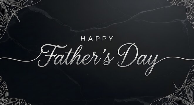 Happy father's day elegant silver script on black marble background with floral elements.
