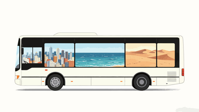 Minimalist flat illustration of a side-profile white public bus, whose passenger windows display sequential landscapes of modern urban skyline, blue ocean coastline, and golden sand desert dunes