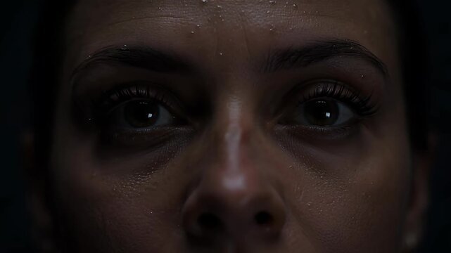 Intense Close Up of Sweaty Female Athlete with Focused Eyes
