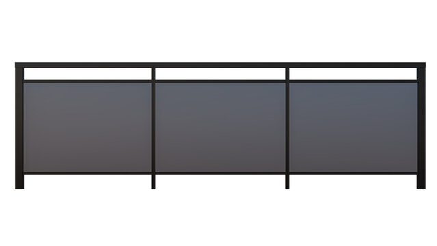 Black modern balcony railing with glass panels and metal frame isolated on transparent background for design.