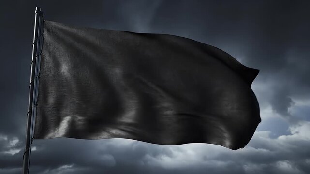 A dramatic black flag billows powerfully in the wind against a stormy, overcast sky, creating a sense of foreboding and intensity.