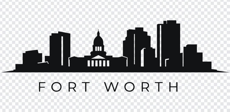 Black silhouette of fort worth city skyline with iconic buildings and text