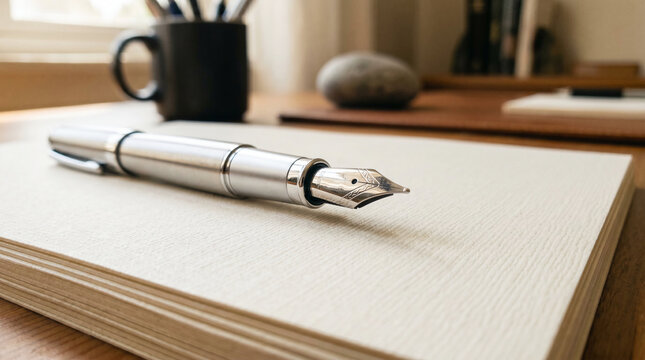 Elegant silver fountain pen resting on a stack of premium textured cream paper on a wooden office desk with a blurred background featuring a black mug and stone paperweight in natural light.