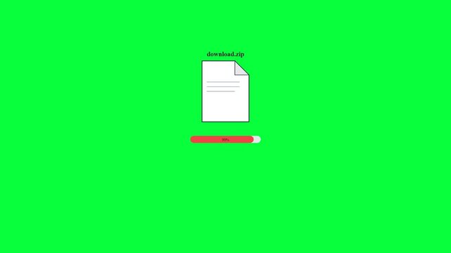 Compressed file icon with a red download button that is clicked, followed by a progress bar from 0% to 100% and ending with an open button, symbolizing file download and data transfer