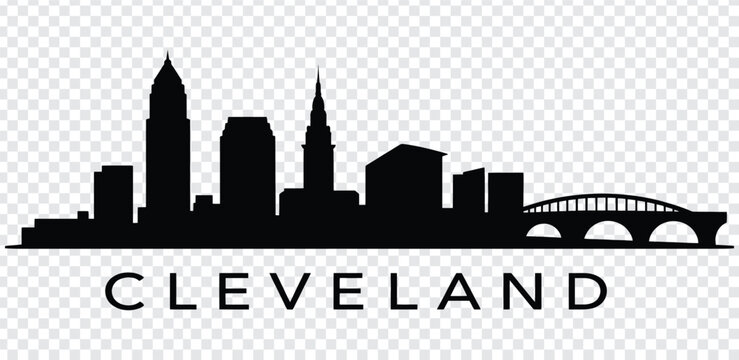 Cleveland city skyline silhouette with bridge and buildings in black