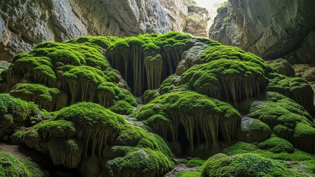 Lush green moss covering rock formations inside a cave  