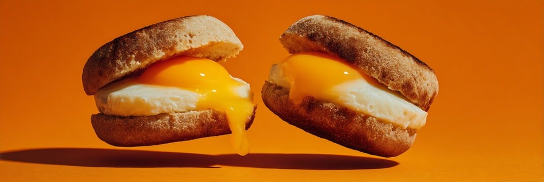 Toasted english muffin breakfast sandwich with runny fried egg yolk dripping on vibrant orange surface for morning meal concept and delicious culinary photography for food menu design