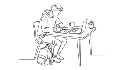 Fototapeta premium A man sitting at a desk working on laptop and writing.