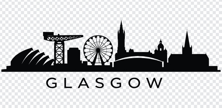 Glasgow city skyline silhouette with famous landmarks and attractions