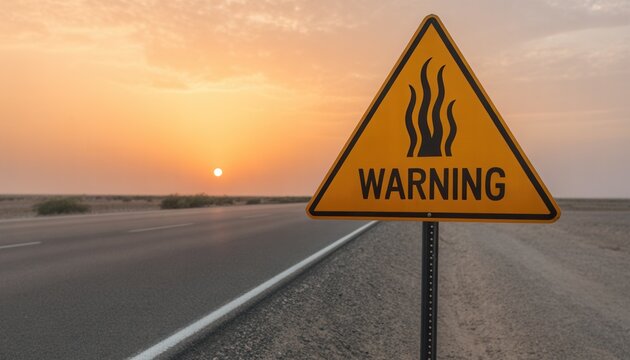 Roadside Warning: A stark, yellow warning sign stands prominently on the roadside, cautioning of potential hazards against a vast, desolate landscape. Evoking a sense of caution and vigilance.