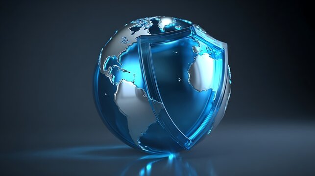 Metallic blue globe protected by transparent glass shield representing global security and data protection in digital communication networks for modern corporate technology infrastructure