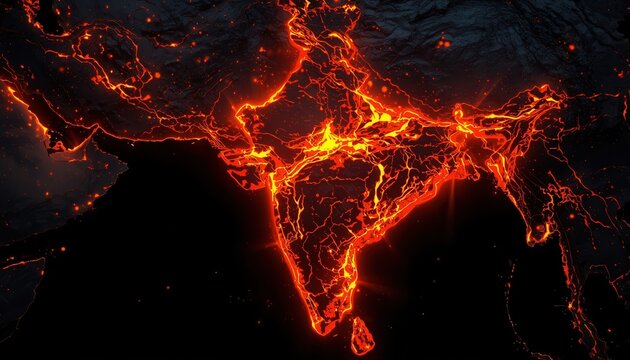 Fiery India: A striking, artistic representation of India, ablaze with vibrant, fiery hues, creating an evocative image of the nation. 