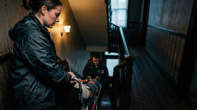 Paramedics navigating stairs while carrying a patient on a stretcher. Emergency medical service team transporting injured individual in home. Urgent healthcare rescue action.