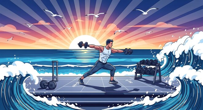 Bodybuilder executes a lateral raise with dumbbells on a platform surrounded by crashing ocean waves during a vibrant sunrise.