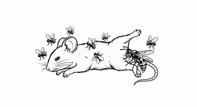 Detailed ink drawing of a dead mouse being swarmed by flies and a wasp