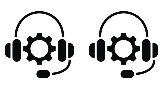 Customer service headset and gear icon collection with tech support symbols in gray, black and blue, modern professional vector for support and communication design.