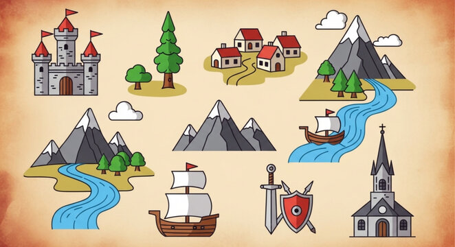 Collection of cartoon fantasy map elements and icons.