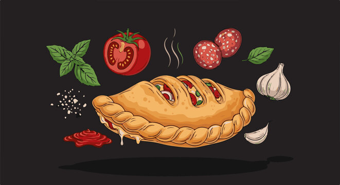 Delicious calzone with fresh ingredients like tomatoes, basil, garlic, and salami