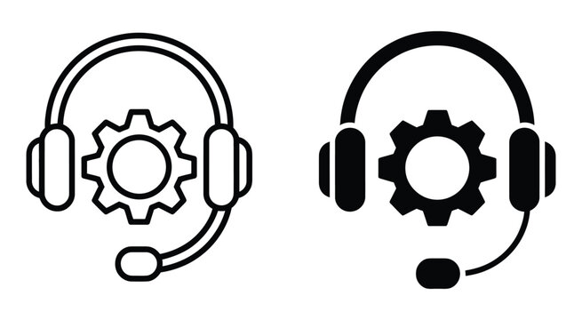 Customer service headset and gear icon collection with tech support symbols in gray, black and blue, modern professional vector for support and communication design.