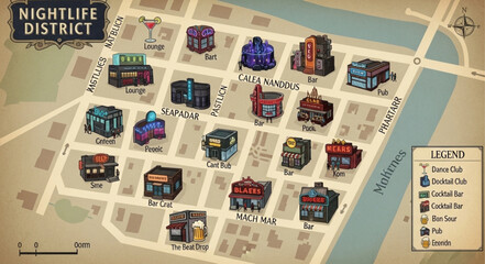 Stylized map of a nightlife district with various buildings and streets. © Oki