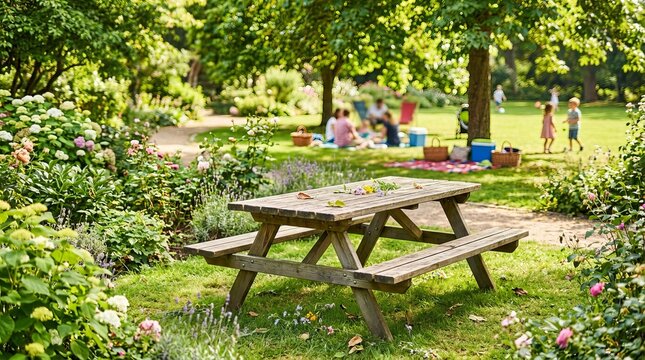 Sunny outdoor scene featuring a rustic timber surface in a park.