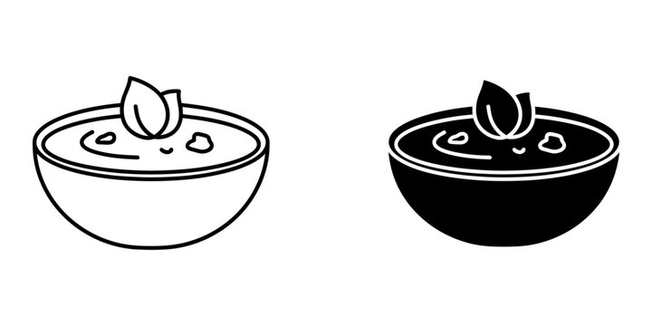 Bowl of soup or dip with basil leaf garnish, minimalist flat design vector illustration