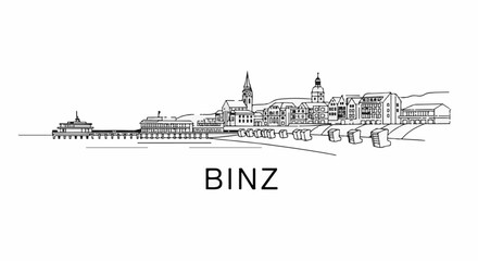 Fototapeta premium Detailed line drawing of a coastal town skyline with a pier and buildings