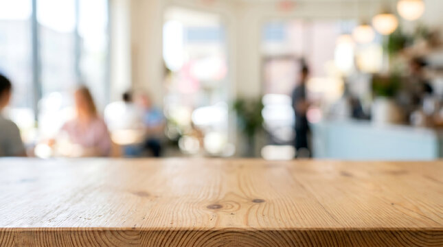 Empty Wooden Table Top in Blurred Bright Cafe or Retail Shop Interior Background for Product Display Mockup