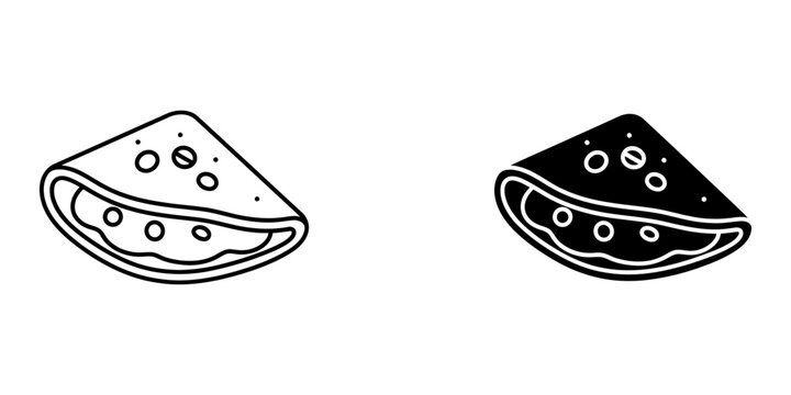 Folded crepe or stuffed pastry snack vector icon set featuring outline and solid black style with fruit filling for dessert cafe menu design bakery branding or sweet treat food industry imagery.