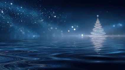 Fototapete Reflection Ethereal snowy night with glowing tree reflected in calm water  © Fauzan