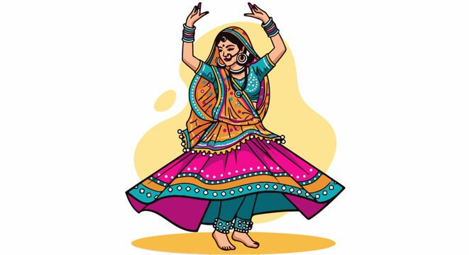 Colorful woman dancing in traditional attire with swirling skirt and bangles