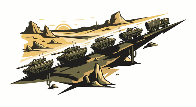 Desert landscape with a convoy of tanks and a military truck